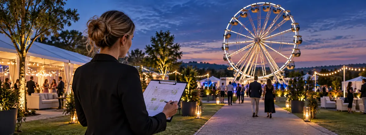 Event planner reviewing venue layout with Ferris wheel in background