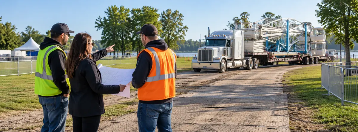 Event planner reviewing a clear delivery route beside a Ferris wheel setup area