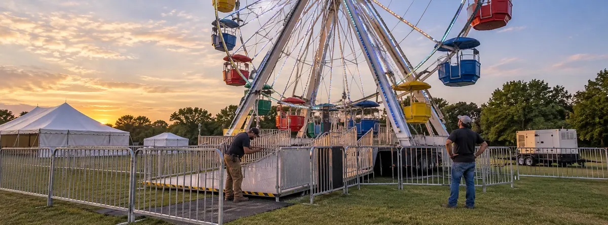 Ferris wheel crew conducting pre-opening operational checks at an event venue
