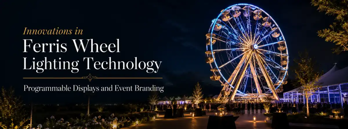 Programmable LED lighting illuminating a modern Ferris wheel at night