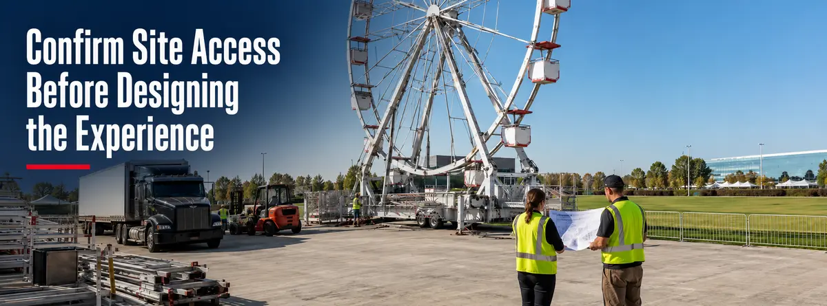 Event planners reviewing site access during Ferris wheel setup