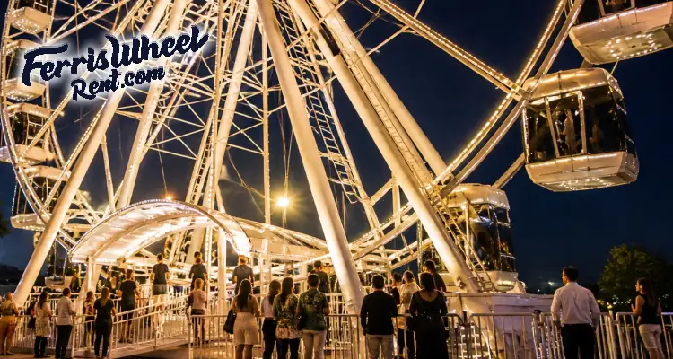 Guests enjoying a Ferris wheel rental at a private night event