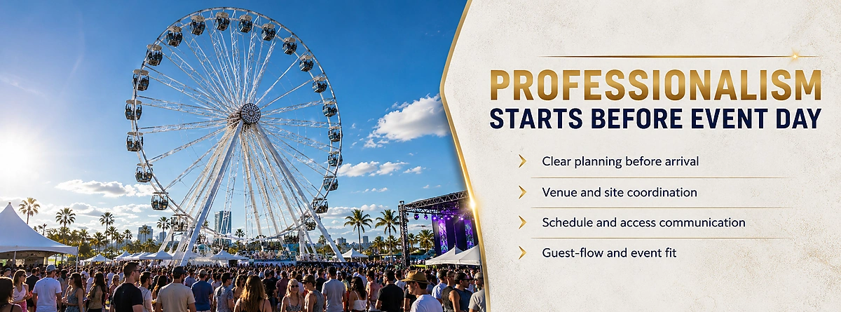 Ferris wheel and event crowd illustrating professional rental planning before event day